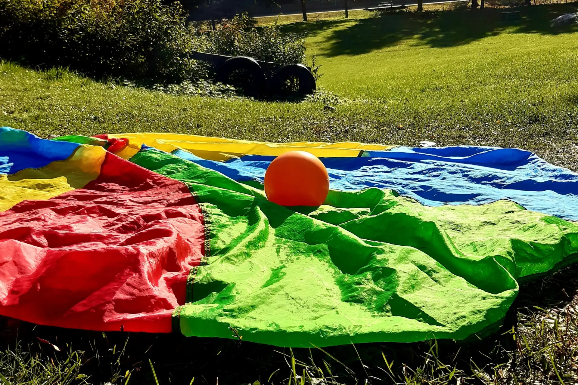 Pallo ja leikkivarjo nurmikolla