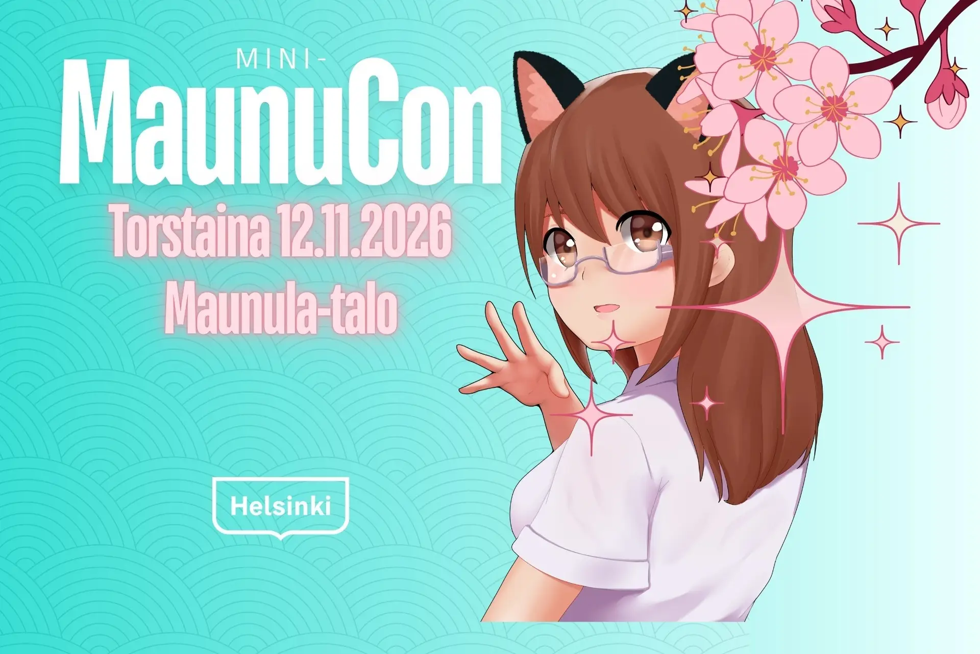Kissakorvainen animehahmo, kirsikankukkia sekä Mini-Maunucon -teksi