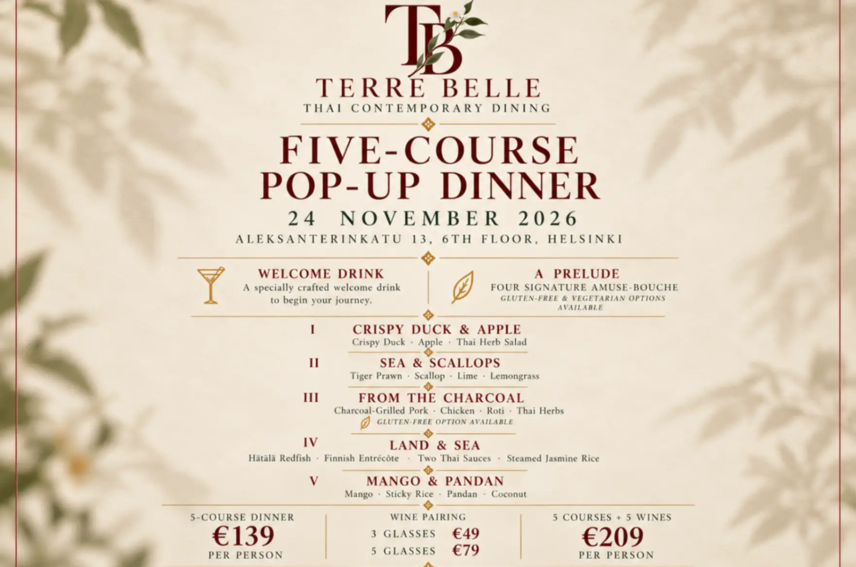 Terre Belle Thai Contemporary Dining — Five-course pop-up dinner in Helsinki on 24 November 2026, featuring a welcome drink, four signature amuse-bouche, and wine pairing options.