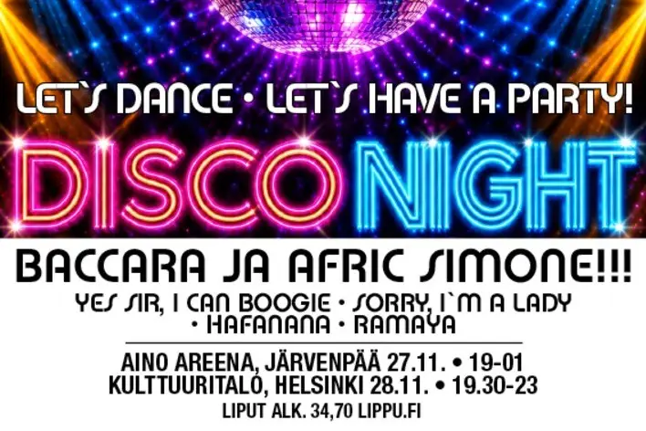 Disco Night -tapahtuman mainosjuliste, jossa esiintyjinä Baccara ja Afric Simone.