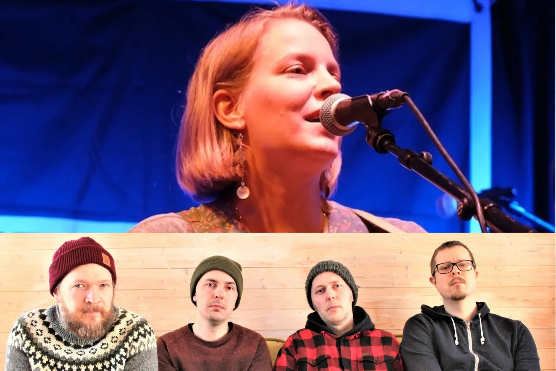 Paula Wolski laulaa, Rautakoura-yhtyeen jäsenet istuvat