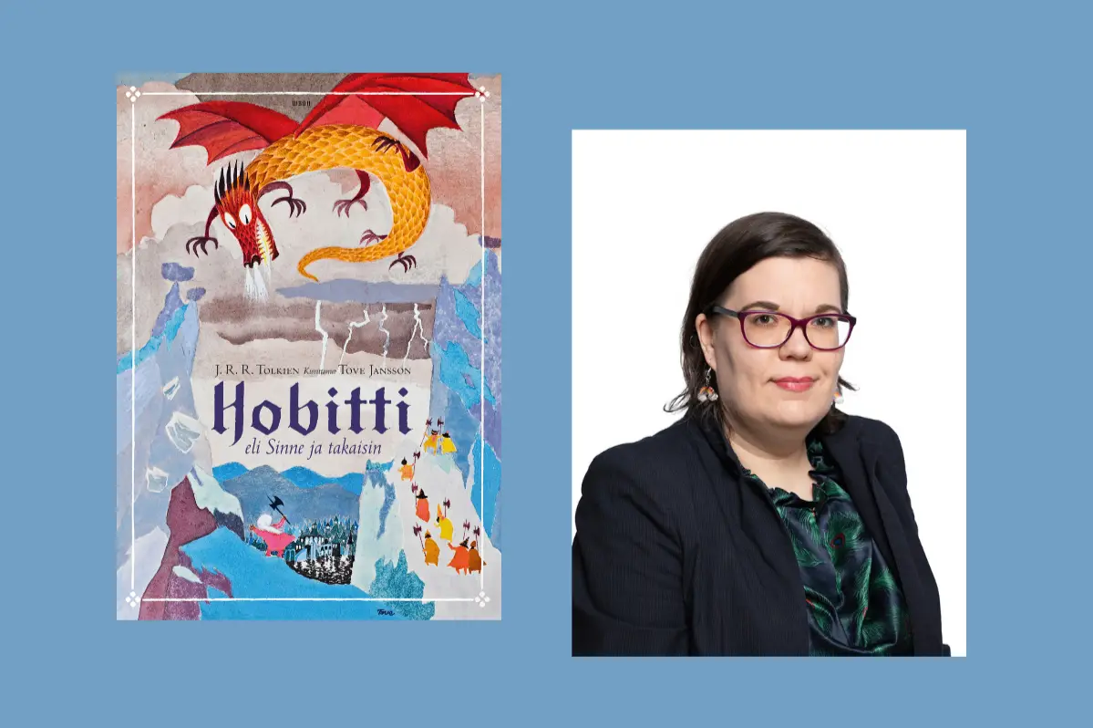 Siniselle taustalle on liitetty kaksi kuvaa. Toinen on J.R.R. Tolkienin kirjoittaman Hobitti -kirjan kansikuva, jonka on kuvittanut Tove Jansson. Kuvassa oranssi lohikäärme lentää vuoristomaiseman yllä. Vuorella on hahmoja. Taivaalla salamoi. Toisessa kuvassa on Sonja Virta.