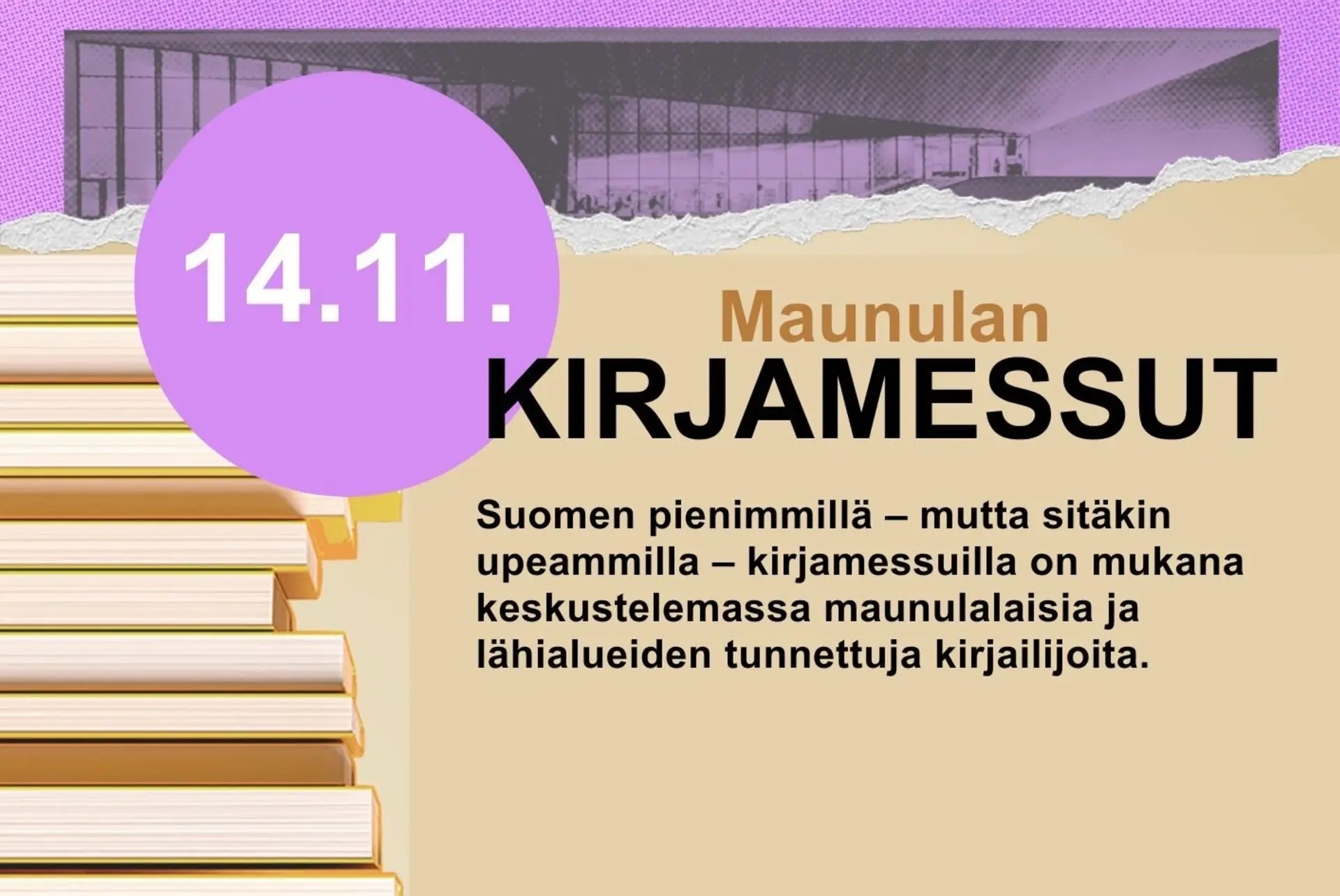 Kirjoja sisältävä grafiikka, jossa päivämäärä ja tietoja Maunulan kirjamessuista