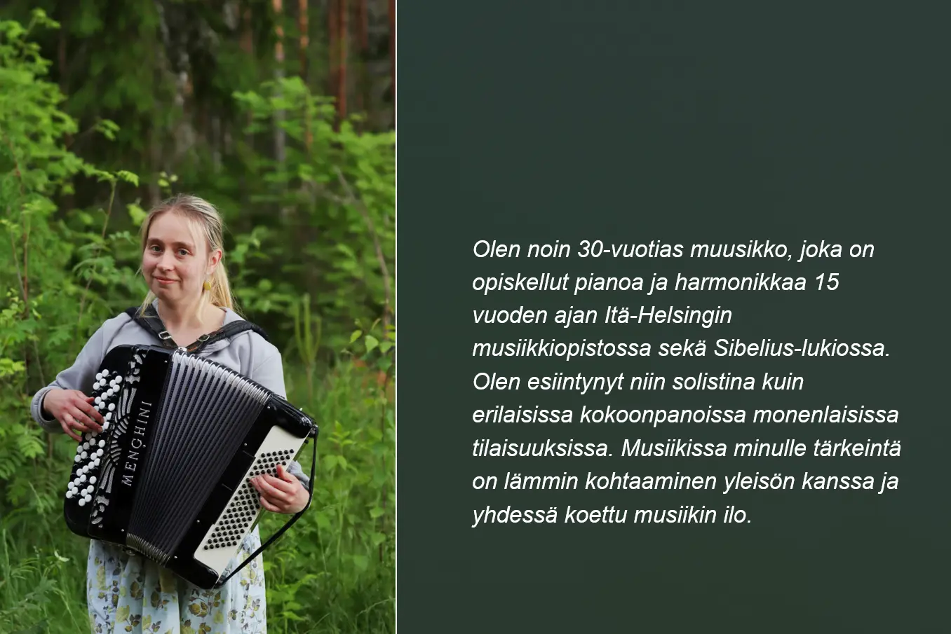Kuvassa Liisa Peltonen ja harmonikka