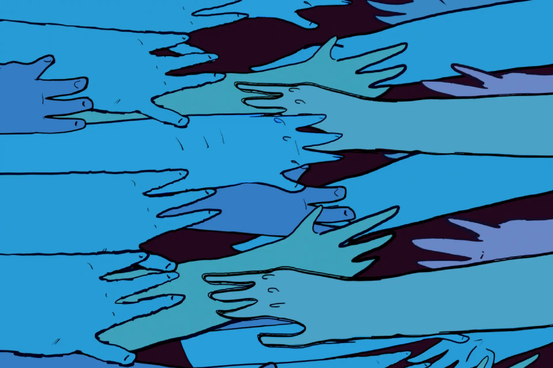 blue hands reaching other hands, illustration