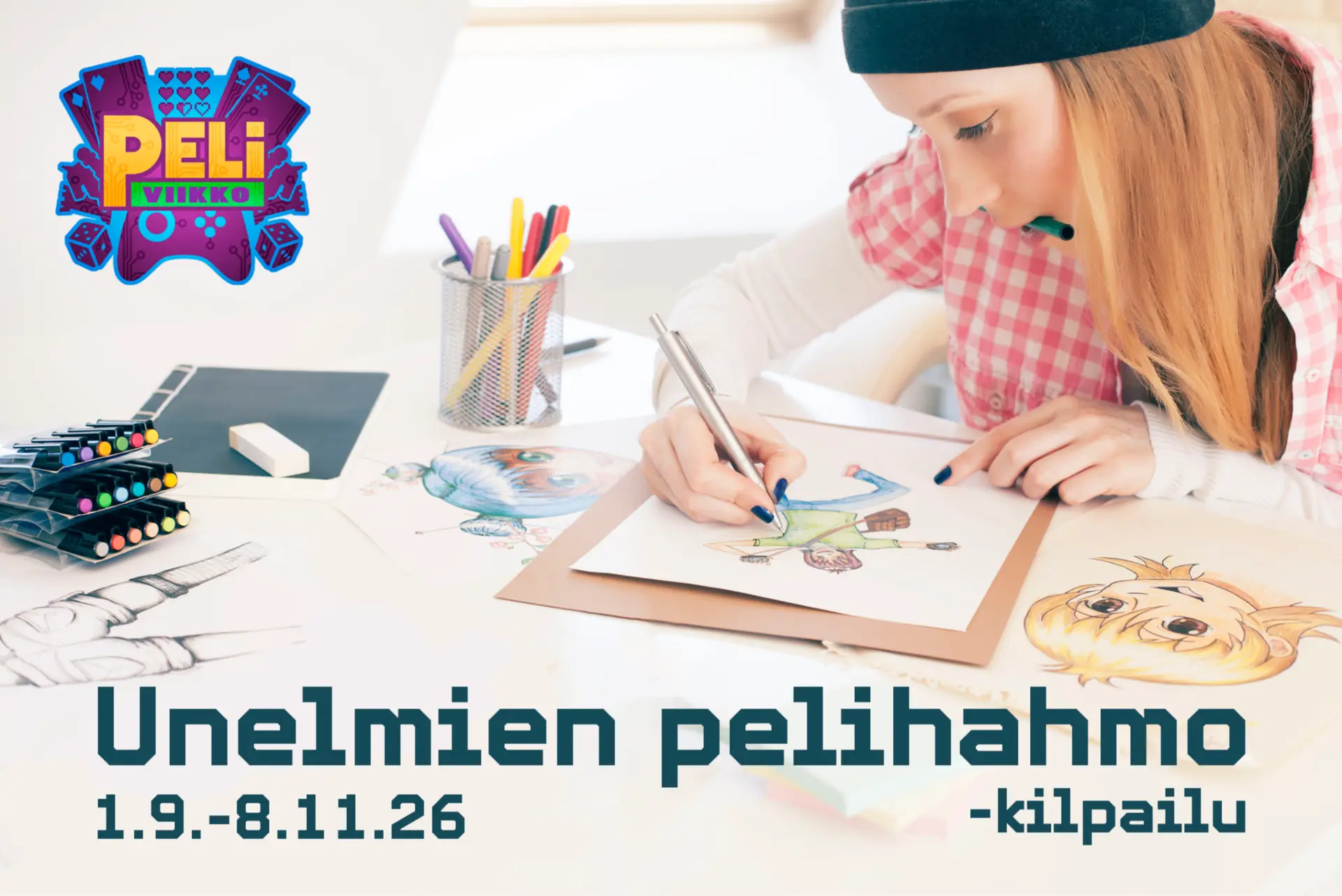 Nuori piirää pöydän ääressä unelmiensa pelihahmoa. Pöydällä on myös useampi valmis kuva muista hahmoista.