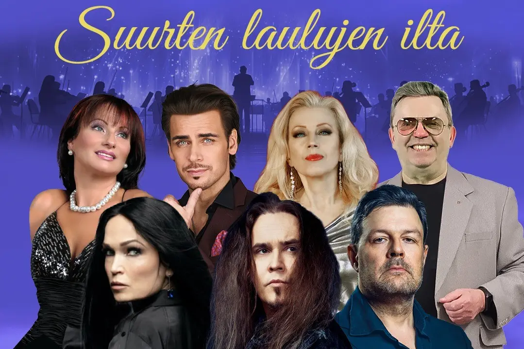 Tapahtumajuliste, jossa seitsemän artistin kasvot tai puolivartalo kuvattu, yläreunassa tapahtuman nimi "Suurten laulujen ilta"