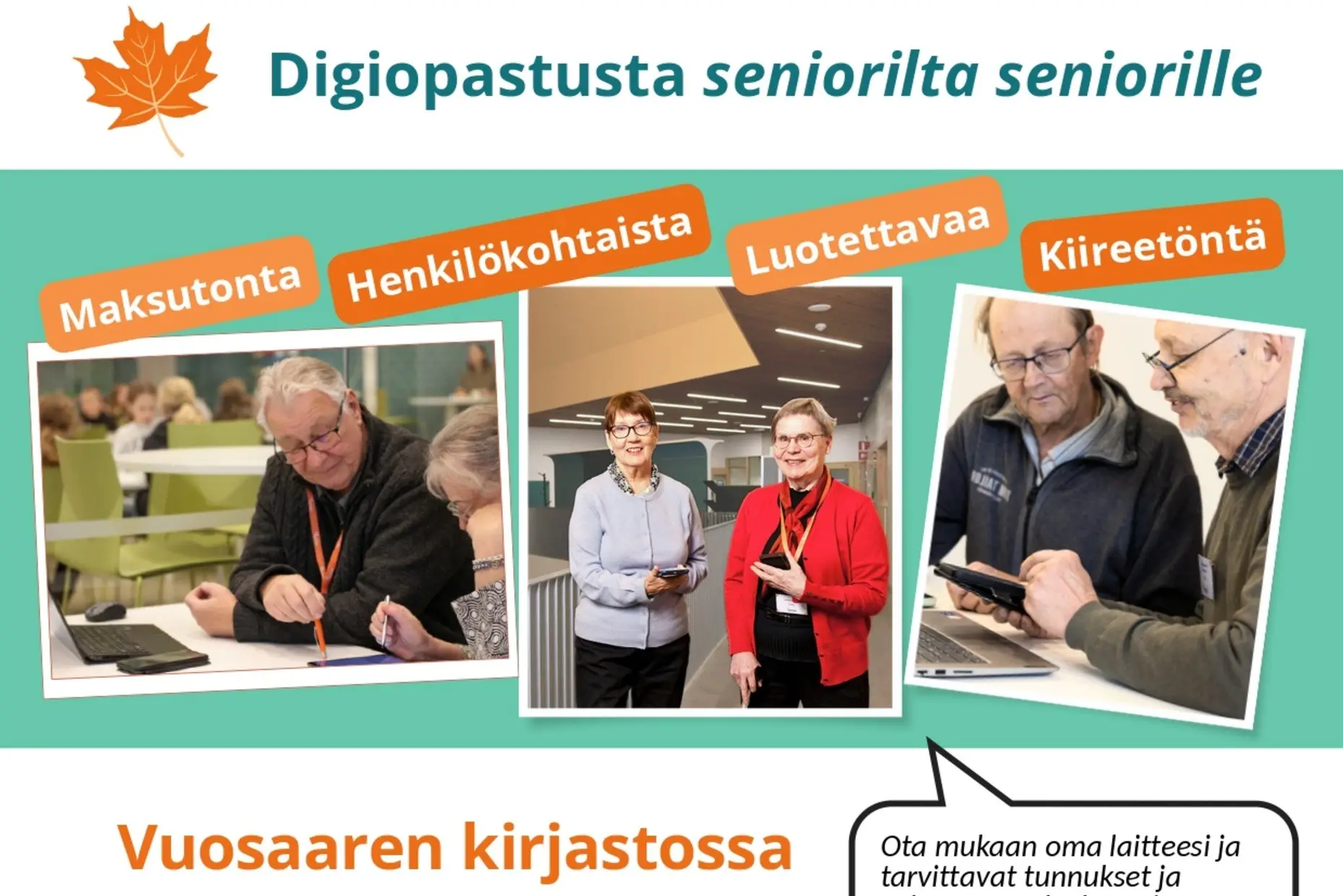 Kuvassa seniorit antavat digiopastusta toisille senioreille.
