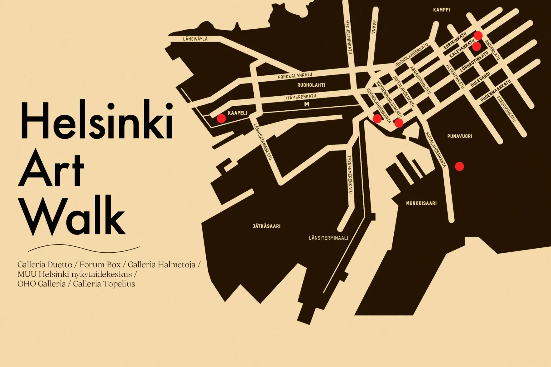 Helsinki Art Walk -reitti kartalla