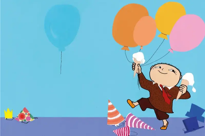 En illustration av den tecknade figuren Alfons Åberg som glatt firar kalas med en glass i varje hand och ett knippe färgglada ballonger. Runt omkring honom på golvet ligger utspridda kalashattar mot en ljusblå bakgrund.