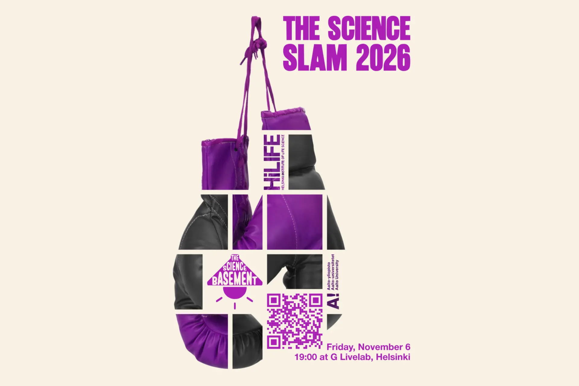 Poster for Science Slam Helsinki, taking place on 6 November 2026 at G Livelab in Helsinki