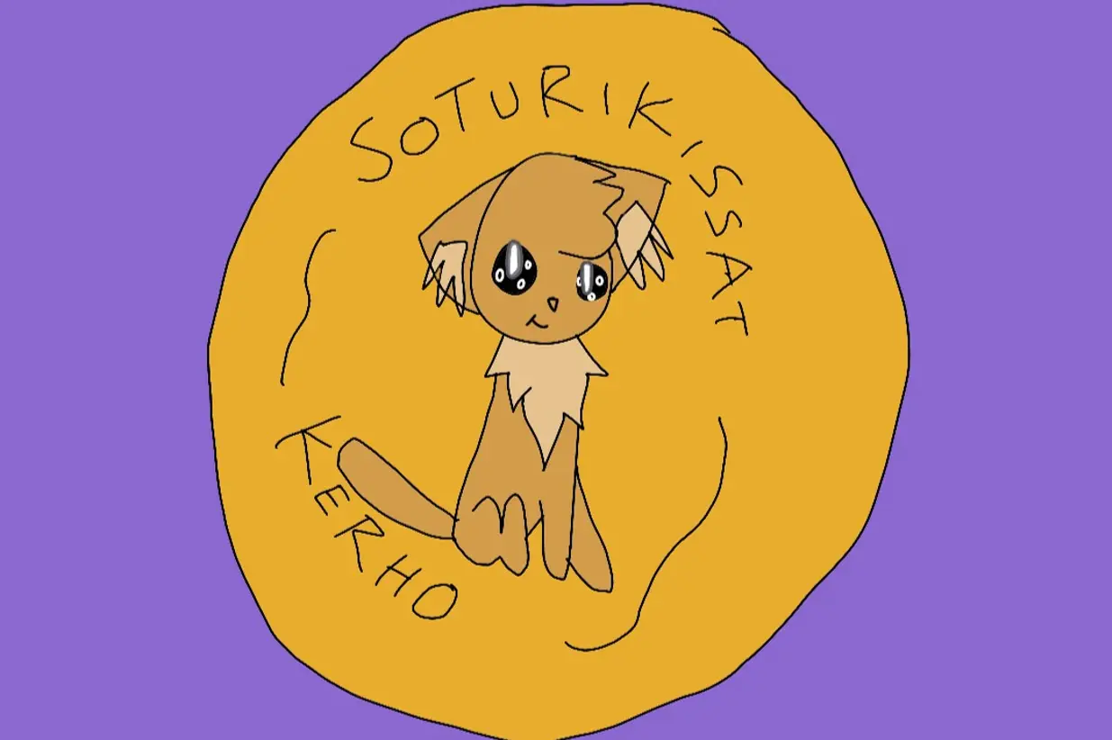 Violetilla taustalla kullankeltainen kiekko, jonka sisällä ruskeakeltainen piirretty kissa söpöillä silmillä. Ympärillä teksti "Soturikissat kerho"