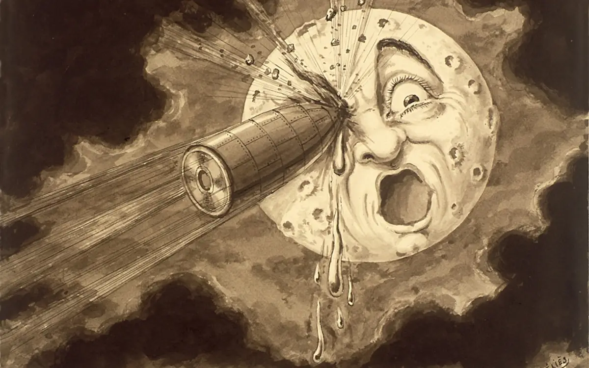 Dessin de Georges Méliès pour "Le voyage dans la lune", 9e tableau : "En plein dans l'œil", 1902.