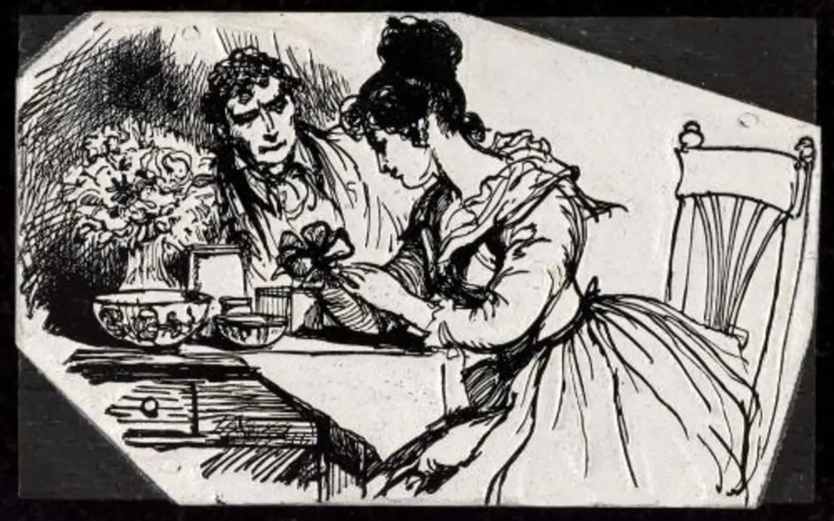 Honorine est assise à la table en bois recouverte d'une nappe sur laquelle elle réalise des bouquets de fleurs artificielles. En face d'elle sur la table se trouvent un bouquet et divers bols et outils nécessaires à son travail.