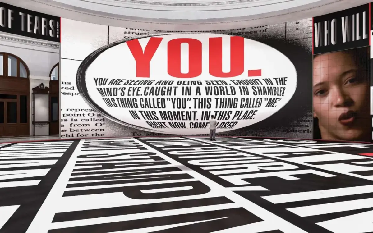 Crédits Simulation of Barbara Kruger's installation in the Rotunda of the Bourse de Commerce – Pinault Collection. Courtesy of the artist.