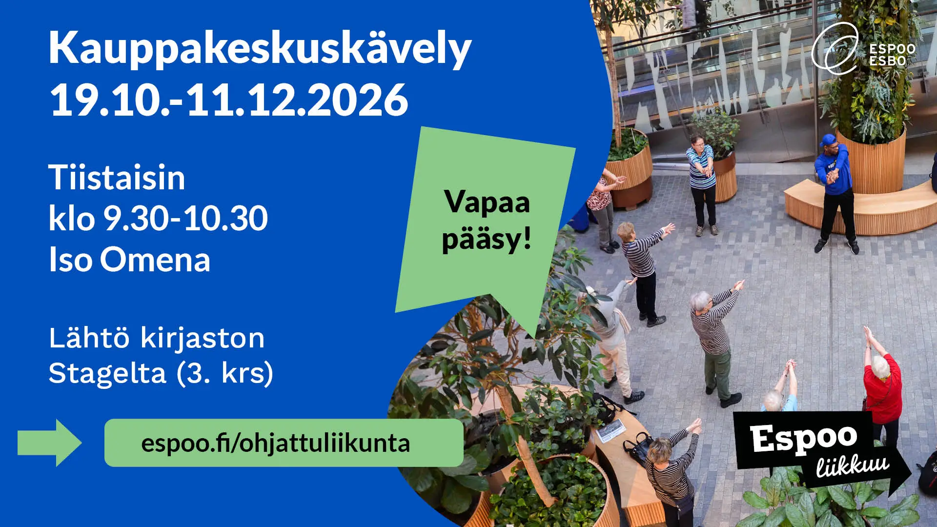 vanhuksia jumppaamassa kauppakeskuksessa