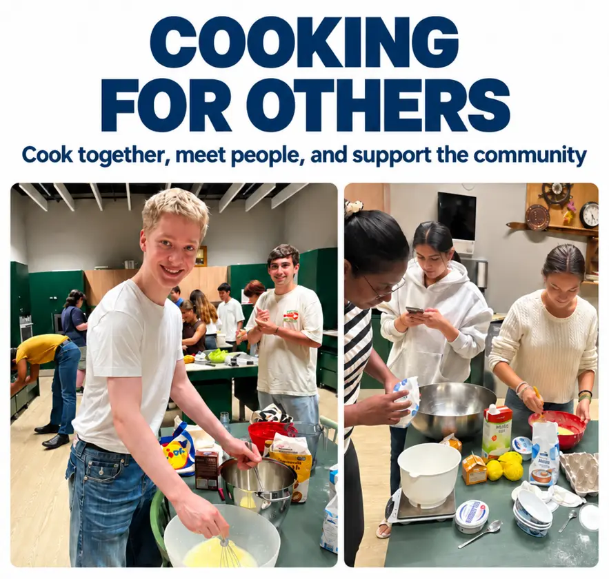 Kuvassa on nuoria henkilöitä ja siinä lukee englanniksi cook together, meet people, and support the community