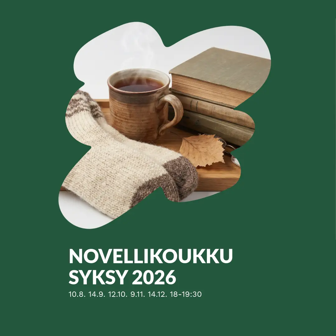 Tummanvihreä pääväritys. Kuvassa kahvikuppi, vaaleanharmaat villasukat ja vanhoja kirjoja pinossa. Syksyn lehti on pudonnut kirjojen eteen.