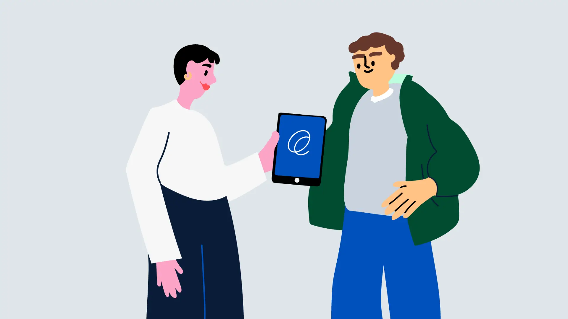 Nainen puhuu asiakkaalle älylaite kädessään. Tabletilla näkyy Espoon kaupungin logo. Piirroskuva.