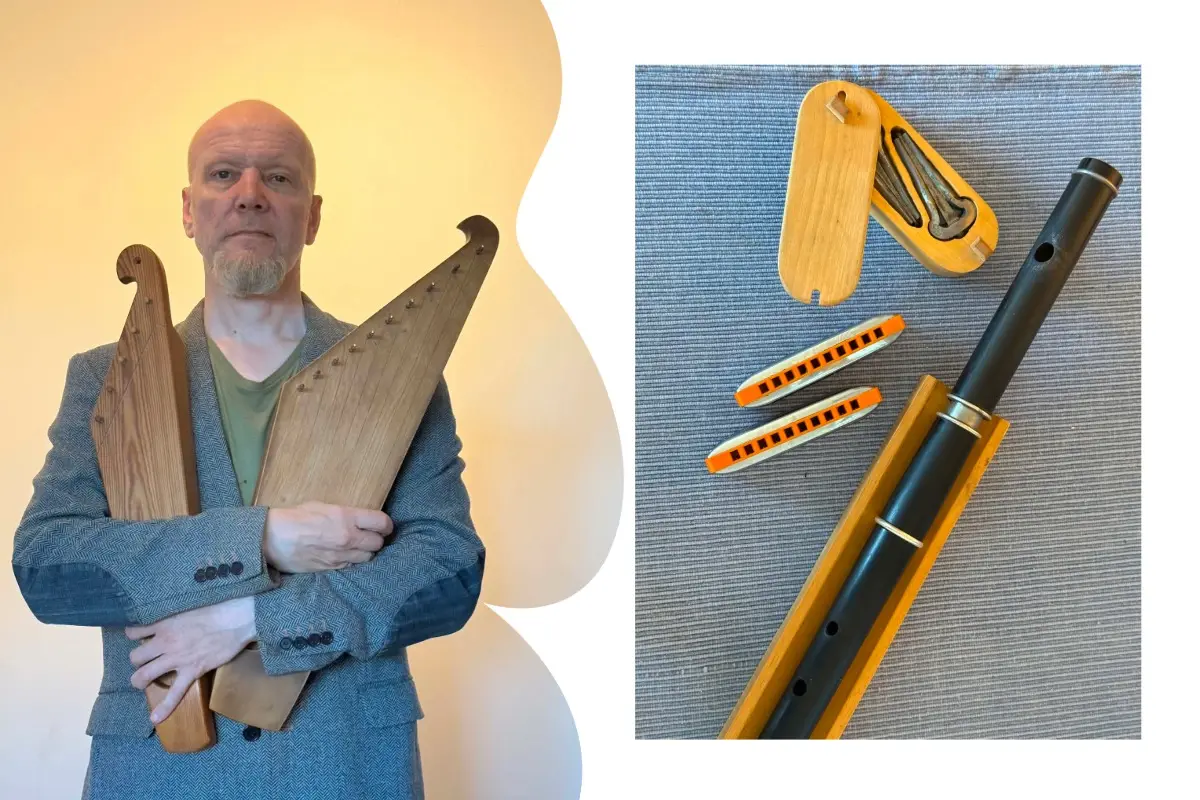 Muusikko Stanislav Walkonen pitää käsissään kahta kannelta ja katsoo vakavana kameraan. Vieressä kuva perinteisistä soittimista.