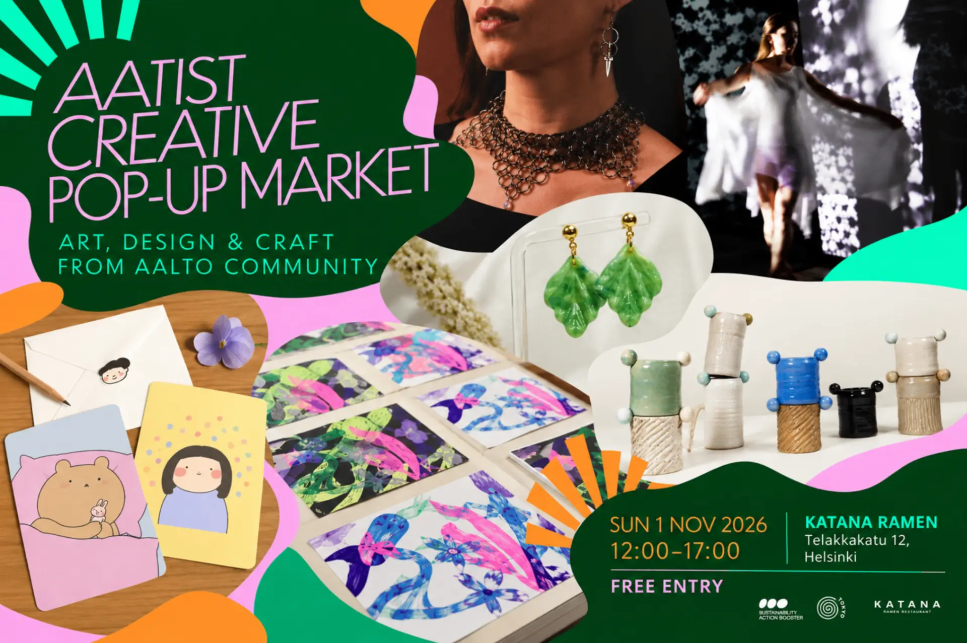 Colourful Aatist Creative Pop-Up Market poster featuring ceramics, jewellery, illustrations, prints and performance art. The event takes place on 1 November 2026, from 12:00 to 17:00, at Katana Ramen in Helsinki. Free entry.