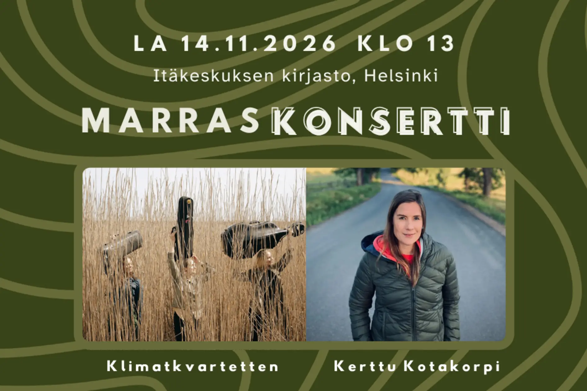 Kuvassa muusikoita soitinkotelot käsissään korkeassa heinikossa sekä nainen, joka seisoo ulkona ja katsoo lempeästi kameraan.
