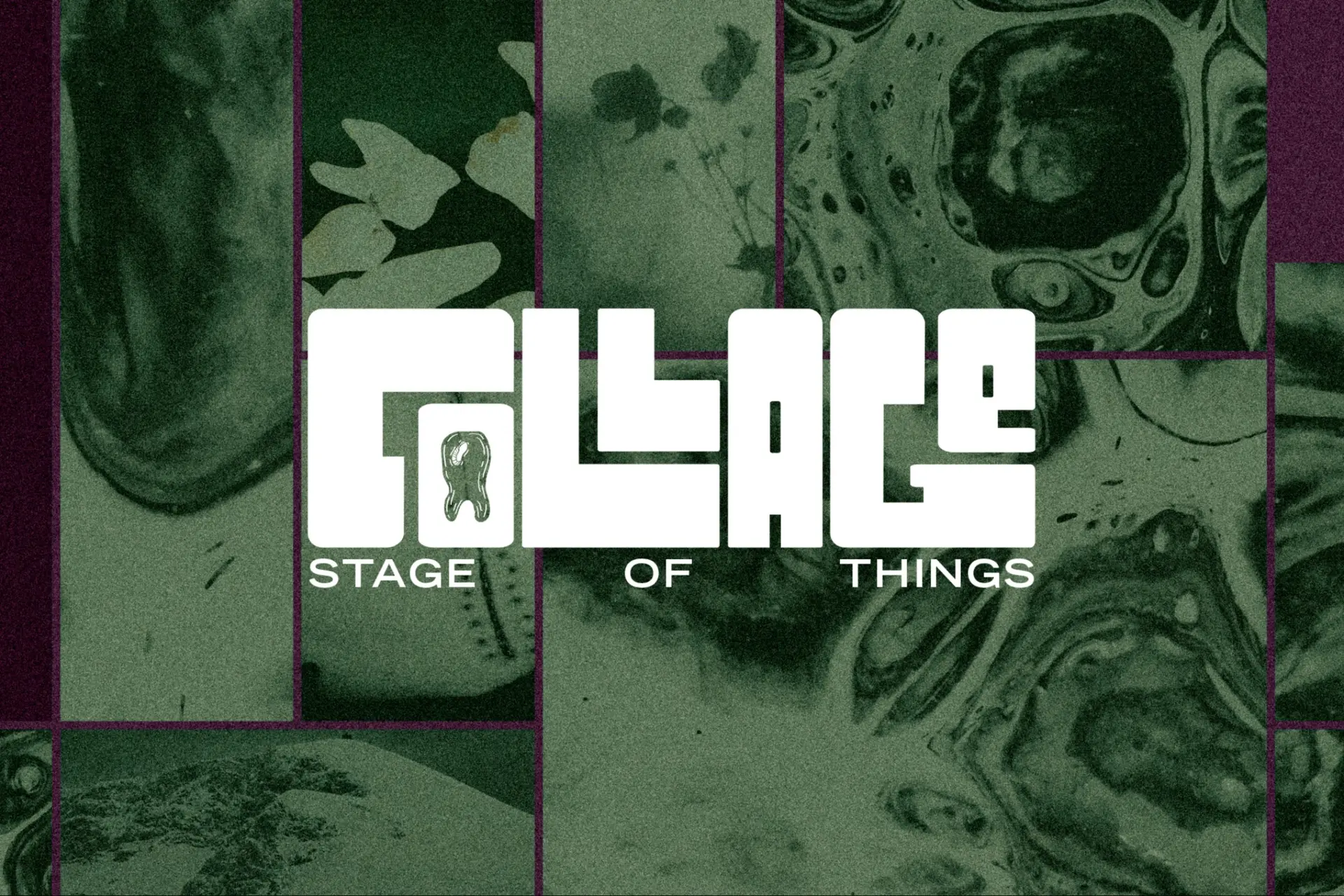 Green and purple backdrop, with white letters written Collage-stage of things.