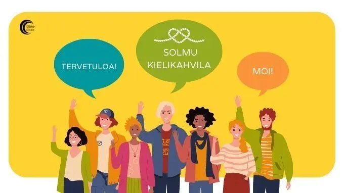 Piirrettyjä ihmisiä keltaisella taustalla. Puhekuplissa Tervetuloa, Solmu kielikahvila, moi. Yläkulmassa eläkeliiton logo.
